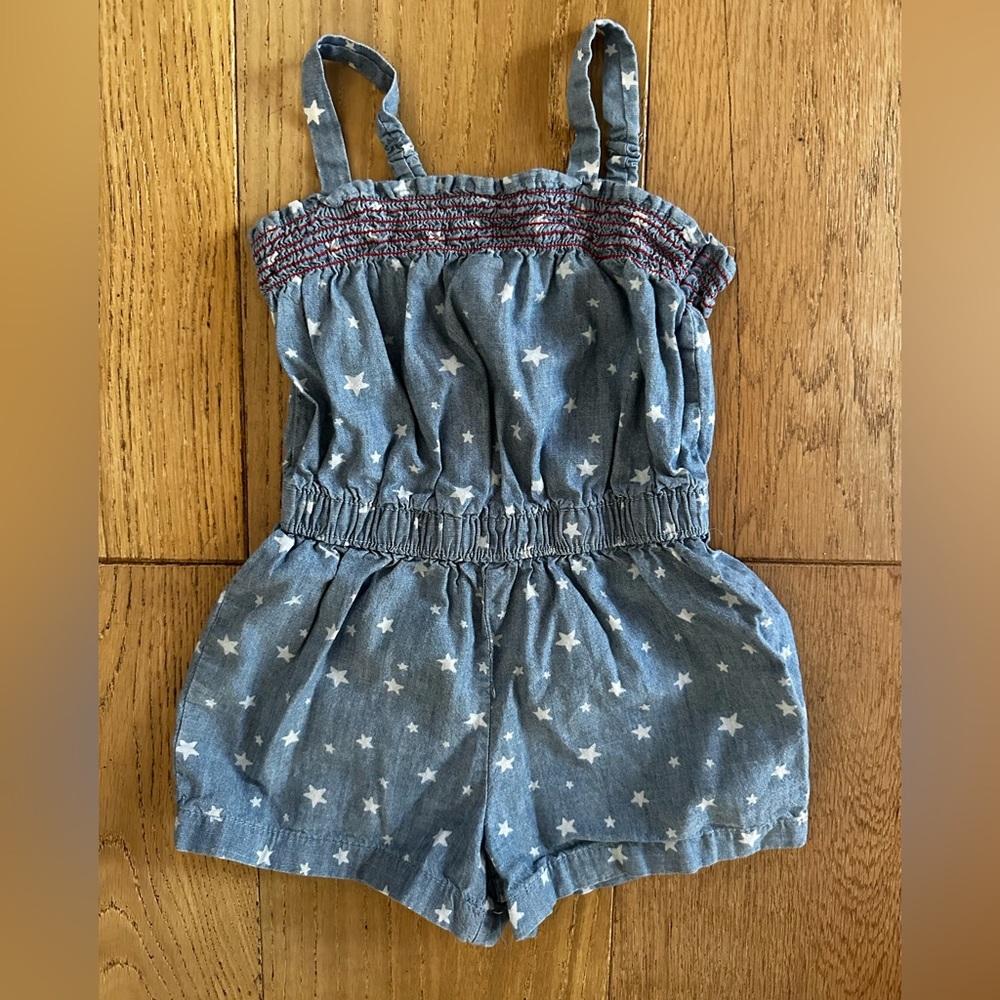 5/$20* Chambray lightweight blue with white stars elastic waist romper- Size 2T